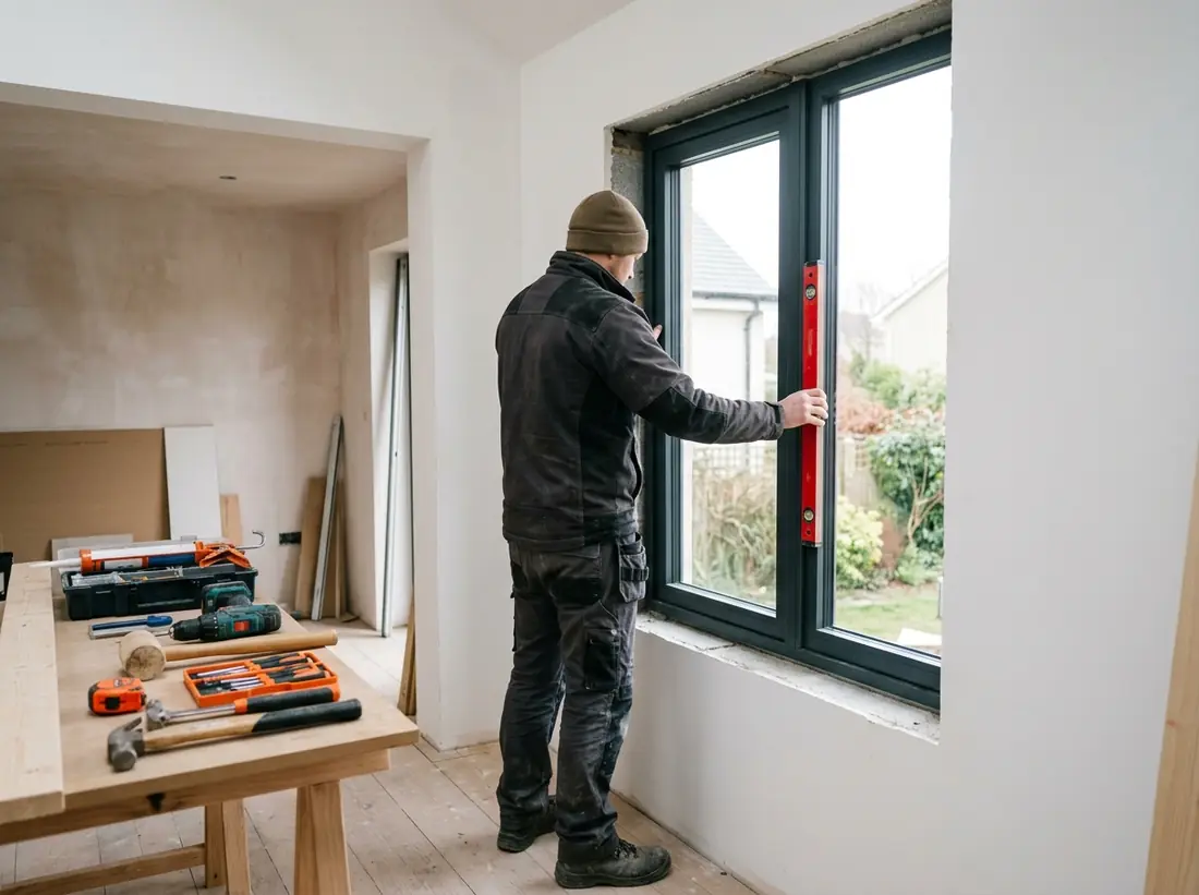 Un poseur Renostyles contrôle l’aplomb d’une fenêtre aluminium