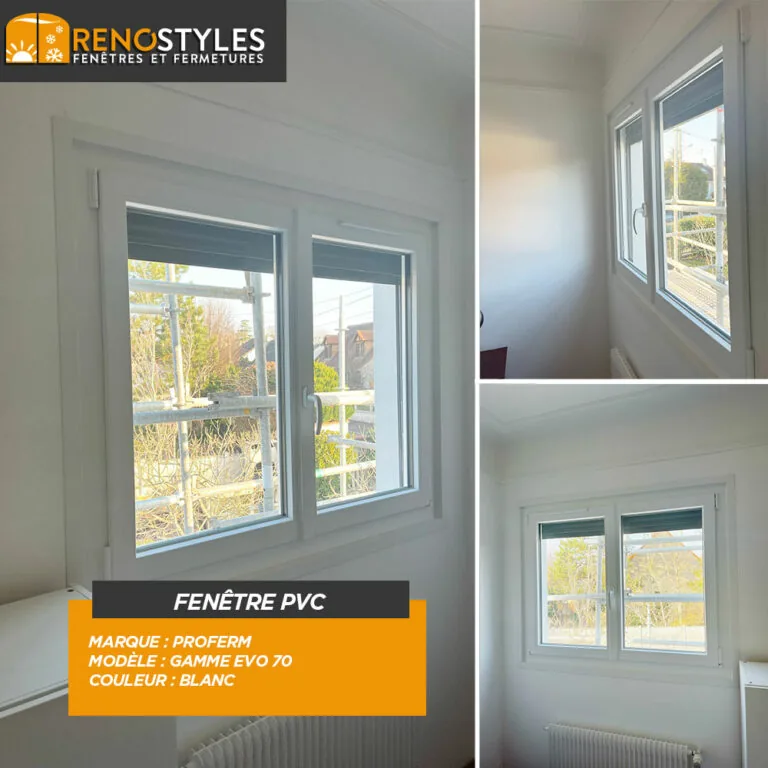 Fenêtre PVC blanche posée, vue intérieure et extérieure