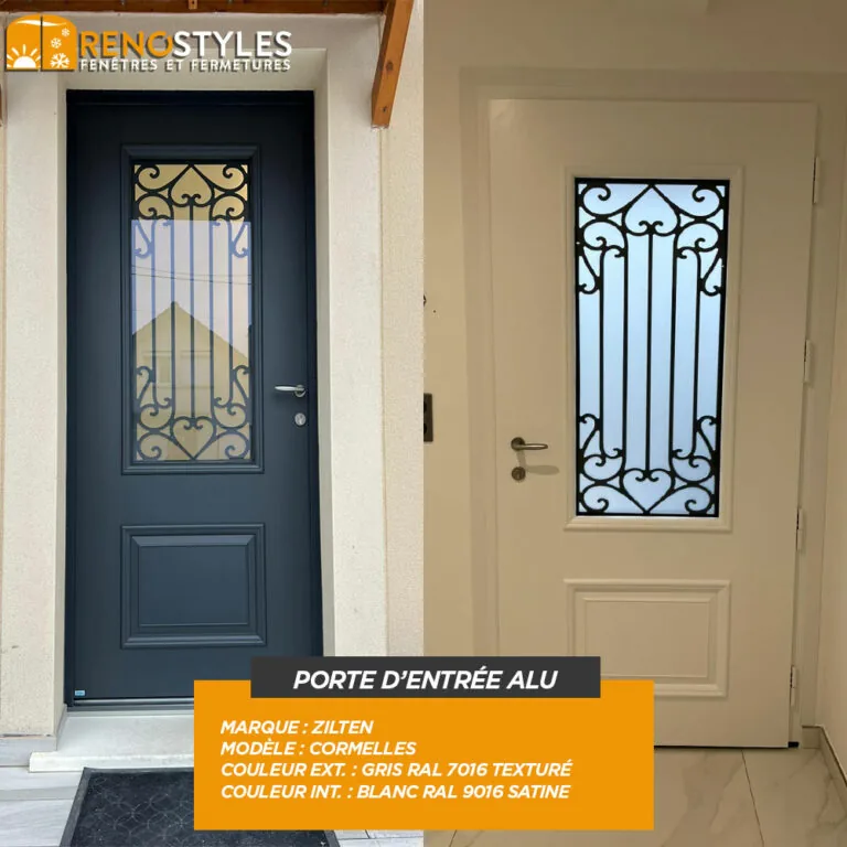 Porte d’entrée aluminium anthracite avec vitrage ferronnerie