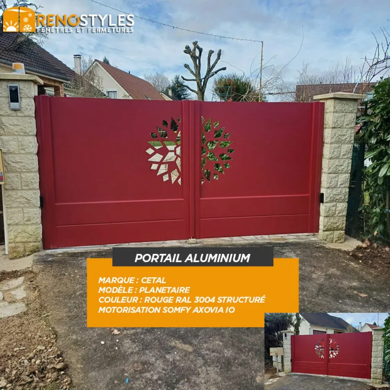 Portail aluminium rouge Cetal avec motif ajouré