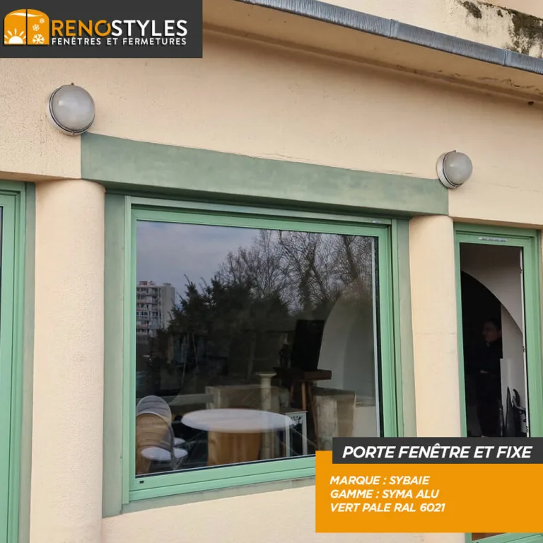 Porte-fenêtre et fixe en aluminium vert pâle