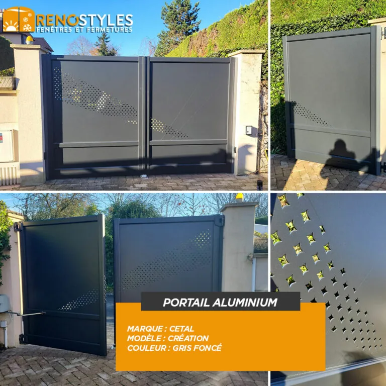 Portail aluminium gris foncé, détails de lames perforées